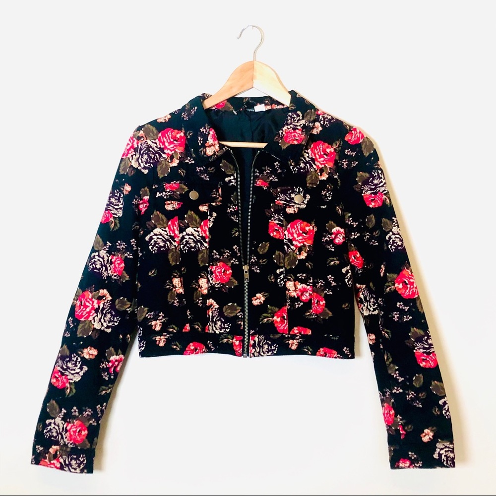 Floral Waist Length Jean Jacket